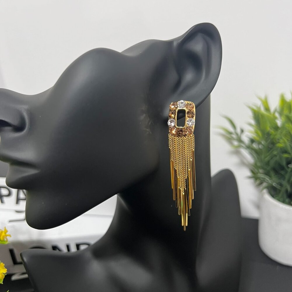 Glamorous Korean Zircons Stud Gold Chain Tassel Earrings for Women